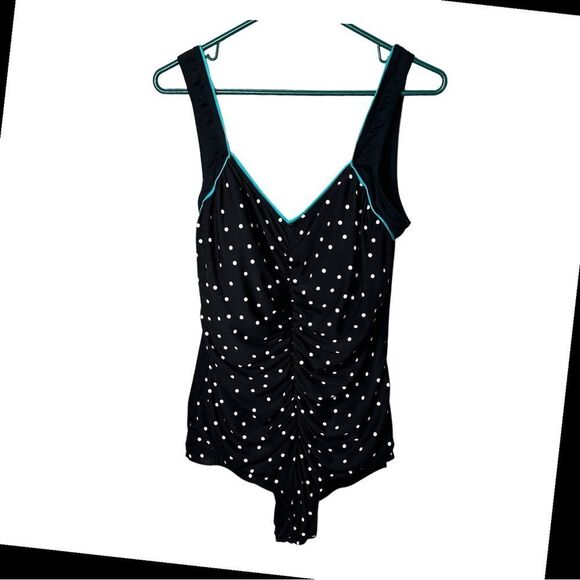 Vintage Gabar polka dot one piece swimsuit size 18 black & white teal blue - Picture 2 of 12